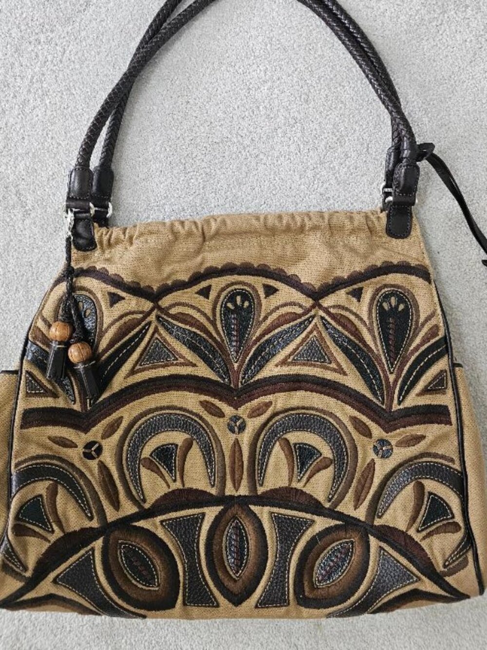 Brighton RARE shoulder bag - camel with leather trim embroidery